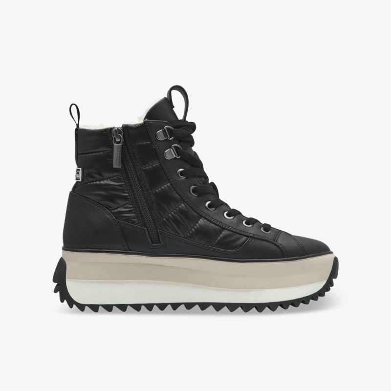Schwarzer hoher Sneaker mit Plateau-Sohle und seitlichem Reißverschluss in klarer Seitenansicht
