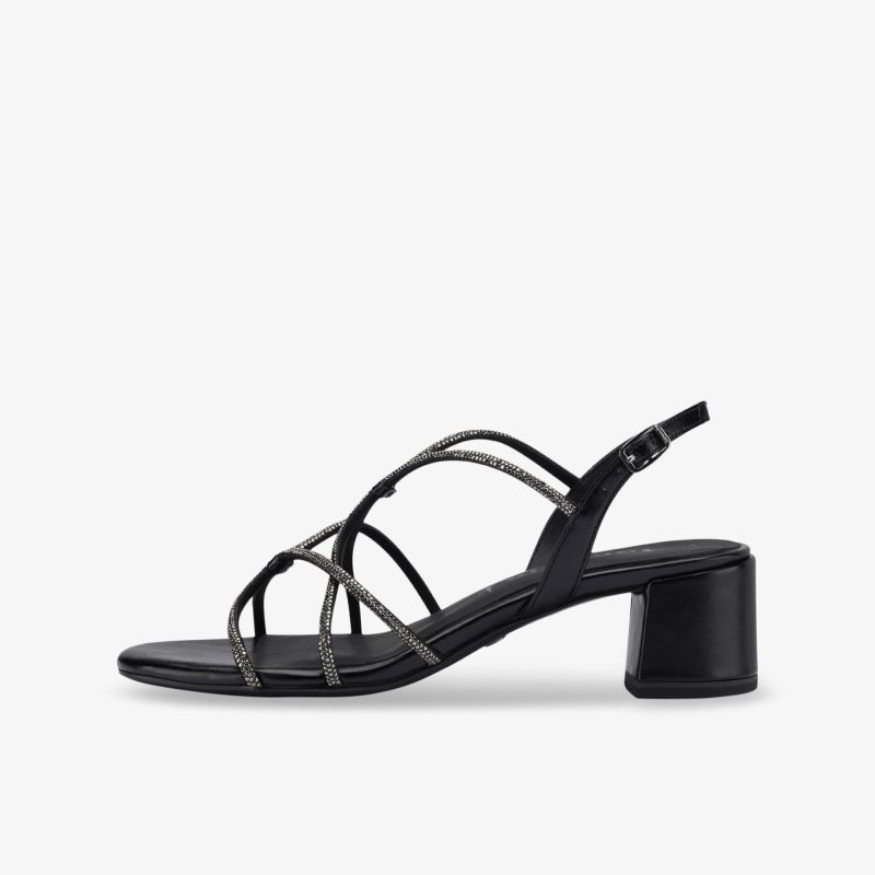 Elegante schwarze Riemchensandalette mit stylischem Blockabsatz, ideal für modische Anlässe.