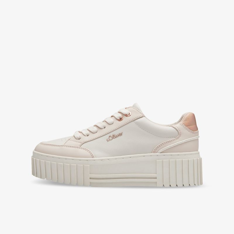 Beiger Sneaker mit dicker Plateau-Sohle und bequemer Schnürung, modernes und robustes Design, seitliche Ansicht