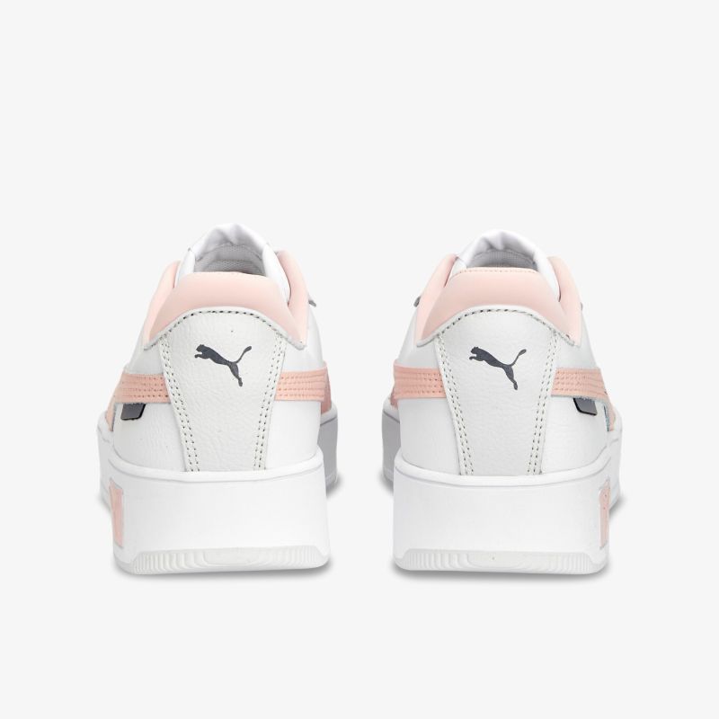 Elegante weiße Sneaker mit rosa Akzenten und markantem Logo auf der Rückseite für geschmackvollen Stil.