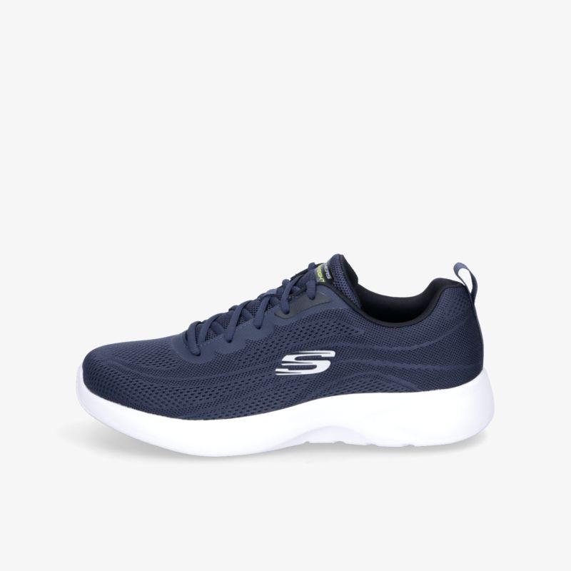 Dunkelblauer Sportschuh mit weißer, gedämpfter Sohle und atmungsaktivem Obermaterial, seitliche Ansicht