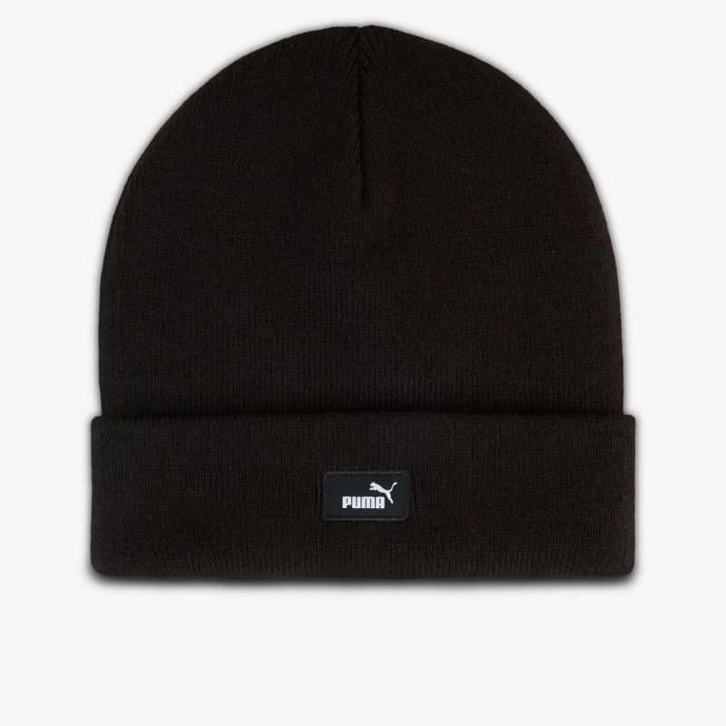 Schwarze bequeme Mütze aus elastischem Material, schlichtes Design mit kleinem Logo-Patch vorne