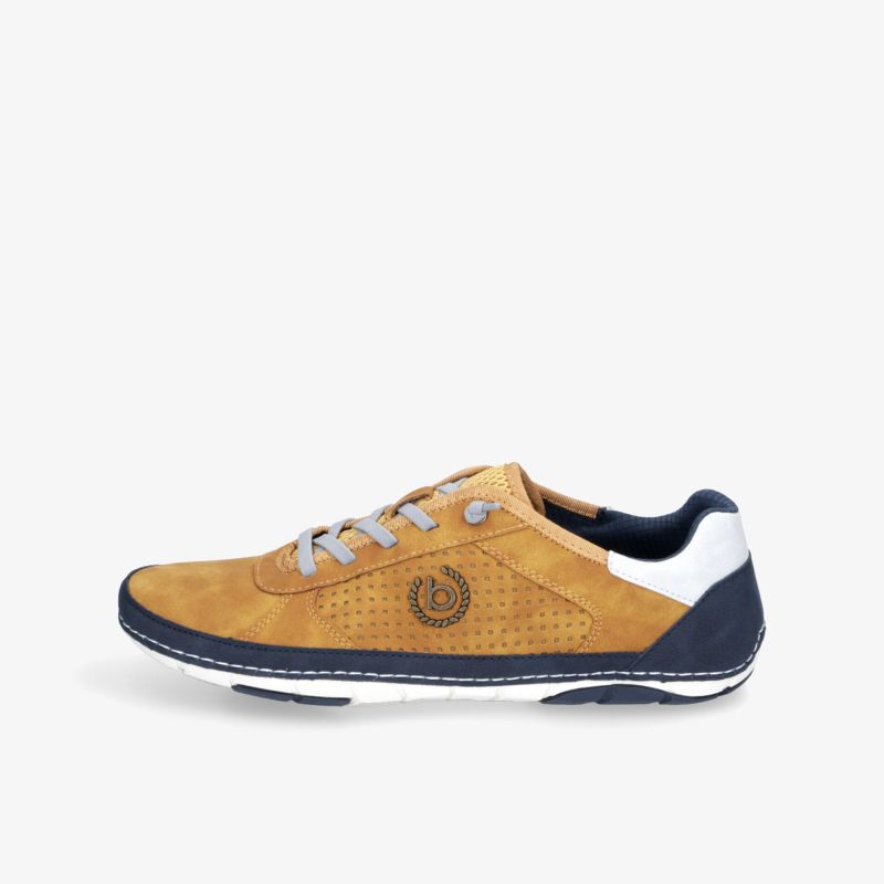 Moderner Sneaker in Blau und Camel mit kontrastierenden Details und perforiertem Design für optimalen Komfort.