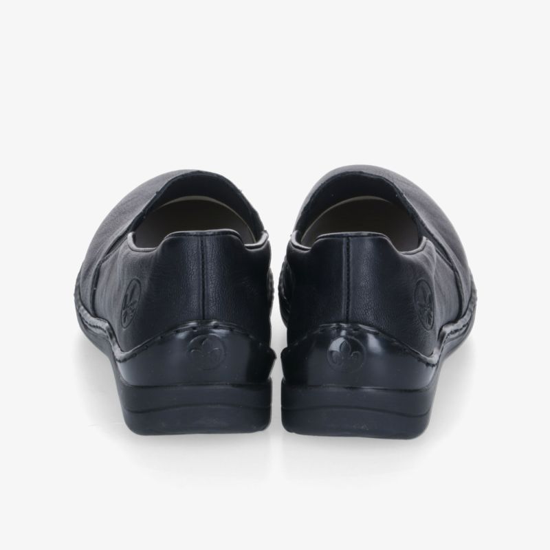 Schwarze elegante Halbschuhe aus Leder mit robuster Sohle und geschlossener Form in Rückansicht