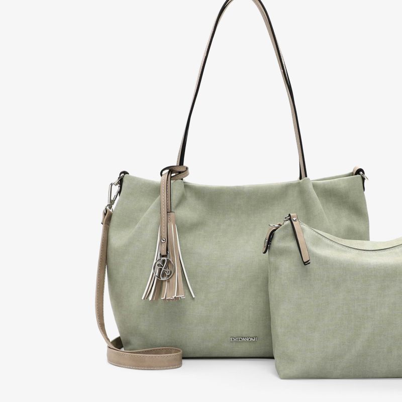 Moderne praktische große Tasche mit Reißverschluss und abnehmbarem Anhänger in dezenter Farbe inklusive kleinem Beutel