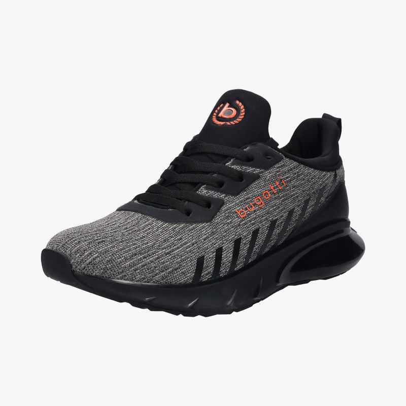 Moderner Sneaker mit grauem Obermaterial, schwarzen Details und rotem Logo. Perfekt für Sport und Freizeit.