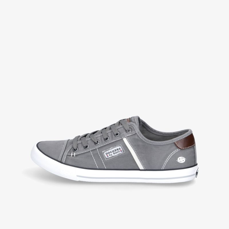 Moderner grauer Sneaker mit bequemer Passform und robuster Schnürung, sportlich und leicht, weiße Laufsohle