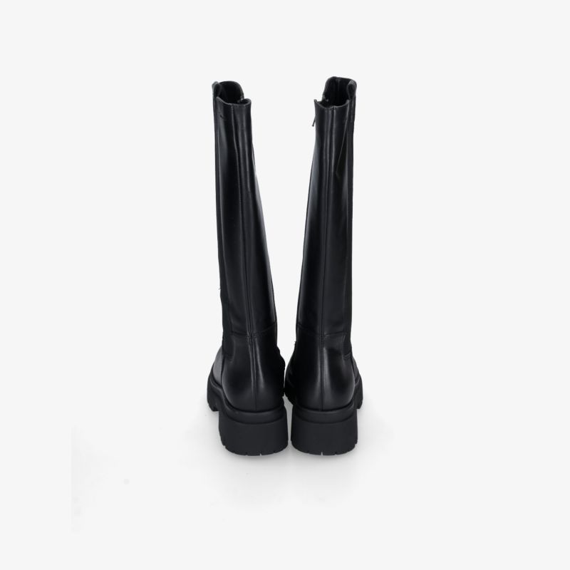 Schwarze Stiefel mit hohem Schaft und Reißverschluss, robuster Absatz für stabilen Halt, Rückansicht