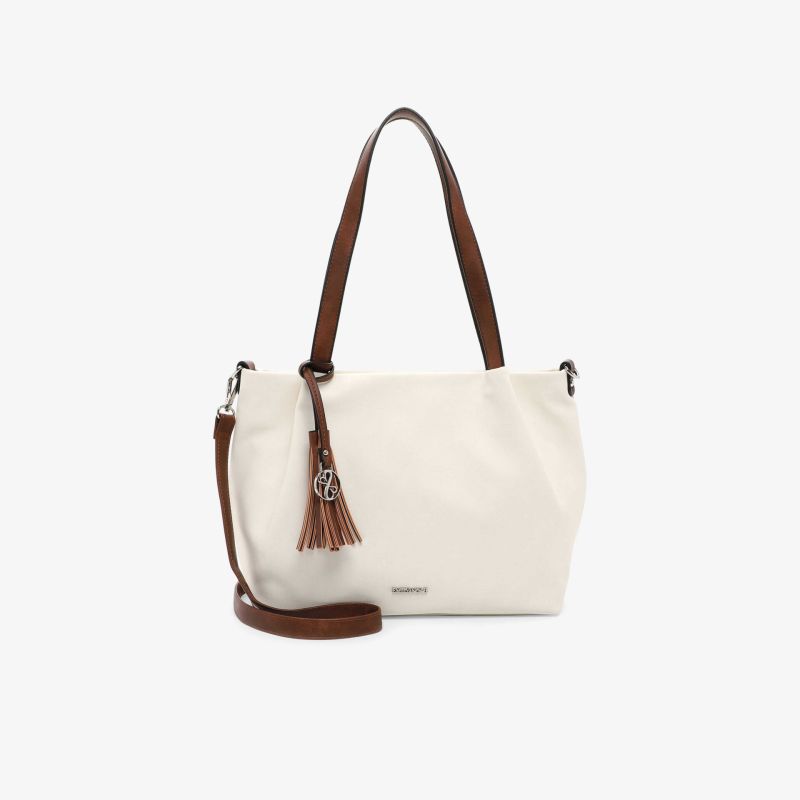 Elegante, geräumige Handtasche in hellem Farbton mit braunen Trageriemen und dekorativer Quaste