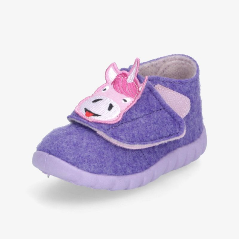 Weicher, kuscheliger Filz-Kinderhausschuh mit bunter Einhorn-Applikation und praktischem Klettverschluss