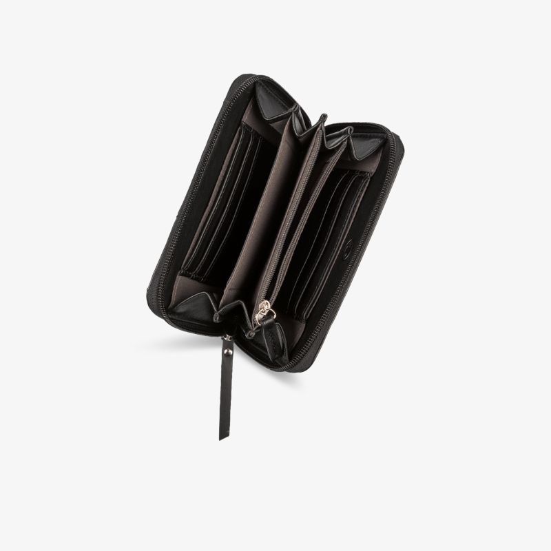 Elegante schwarze Geldbörse aus Leder mit Reißverschluss und praktischen Fächern für Karten und Münzen.