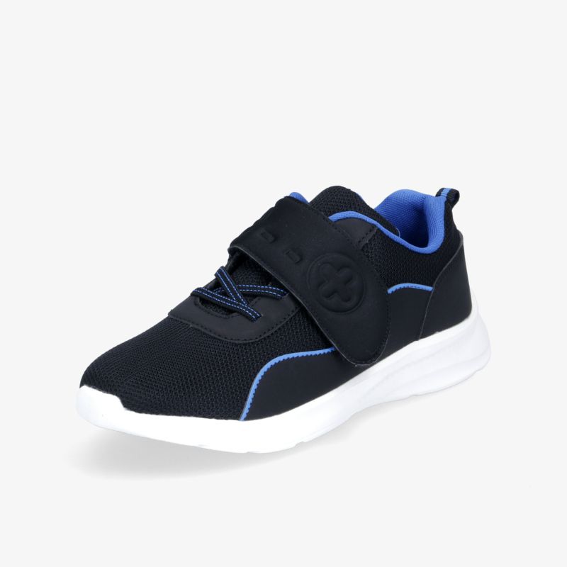 Bequemer schwarzer Sportschuh mit blauem Akzent und Klettverschluss für vielseitigen Einsatz.