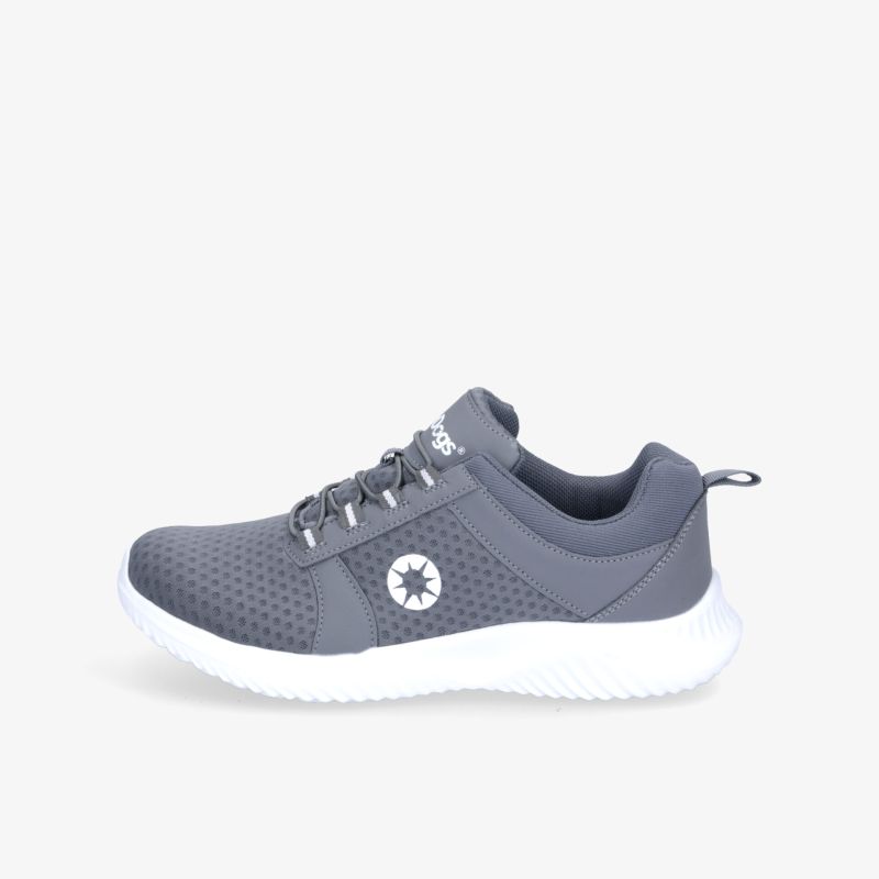Graue Sneaker mit bequemer Passform und rutschfesten Sohlen, ideal für sportliche und alltägliche Aktivitäten.