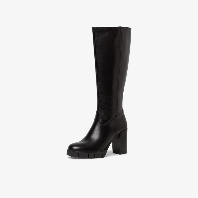 Schwarzer hoher Stiefel mit robustem Absatz und hohem Schaft in klarer Seitenansicht, modisch und elegant