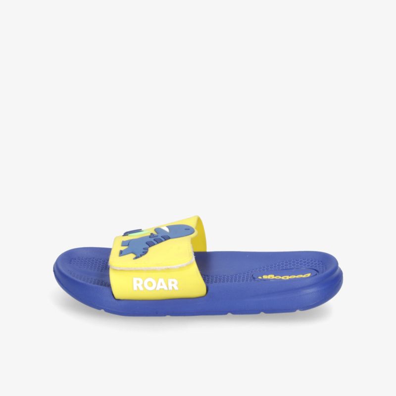 Bequeme blau-gelbe Badeschlappe mit rutschfester Sohle und auffälligem Drachendesign für den Alltag