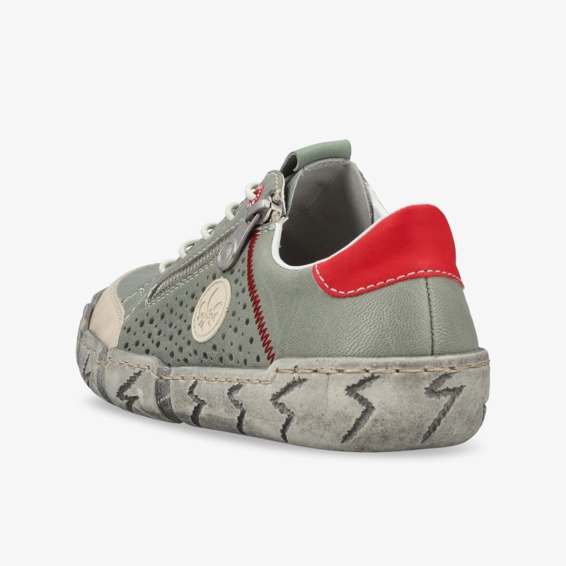 Robuster Sneaker in Grau mit rotem Fersenbereich und atmungsaktivem Mesh für optimalen Komfort und Halt