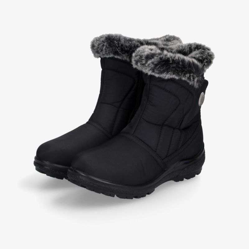 Schwarze Winterstiefel mit Kunstfellfutter, wasserfest und isoliert für maximalen Komfort und sicheren Halt im Schnee.