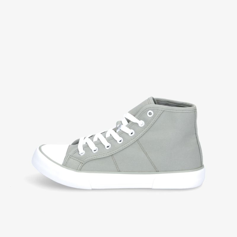 Moderner grauer Sneaker mit hoher Knöchelunterstützung und rutschfester Sohle für vielseitigen Stil und Komfort.