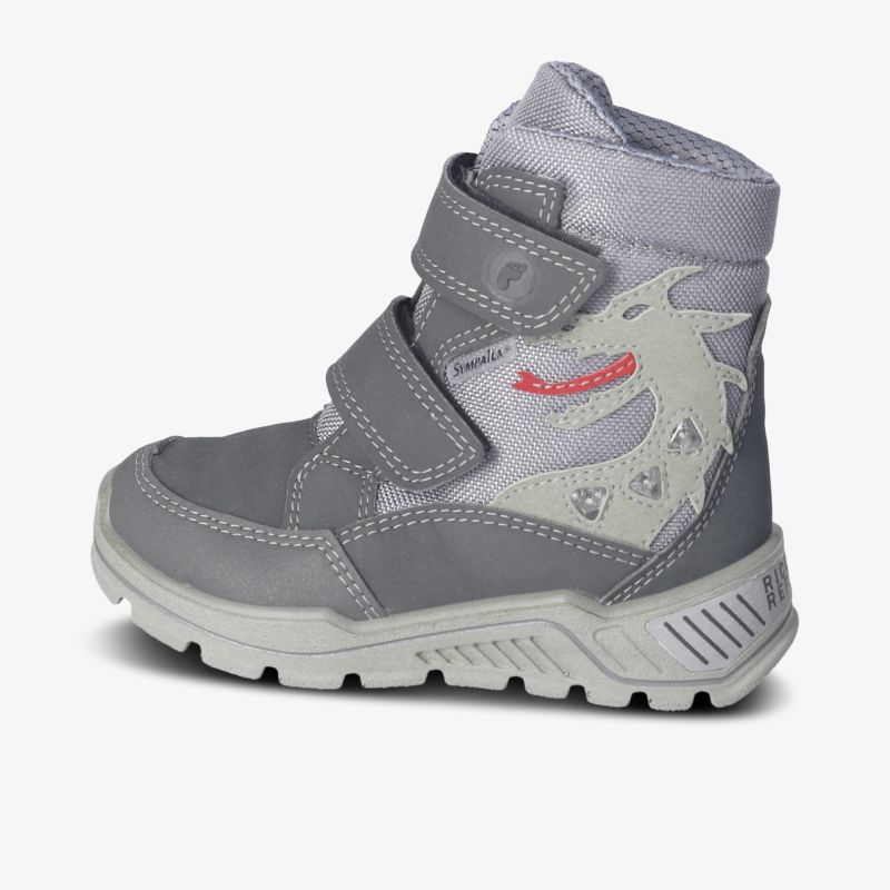 Grauer Winterstiefel mit Klettverschluss, warmem Futter und rutschfester Sohle für optimalen Komfort und Schutz.