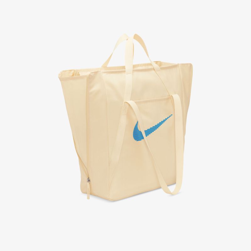 Vielseitige beige Tragetasche mit ikonischem blauen Logo für täglichen Gebrauch und stilvolle Aufbewahrung.