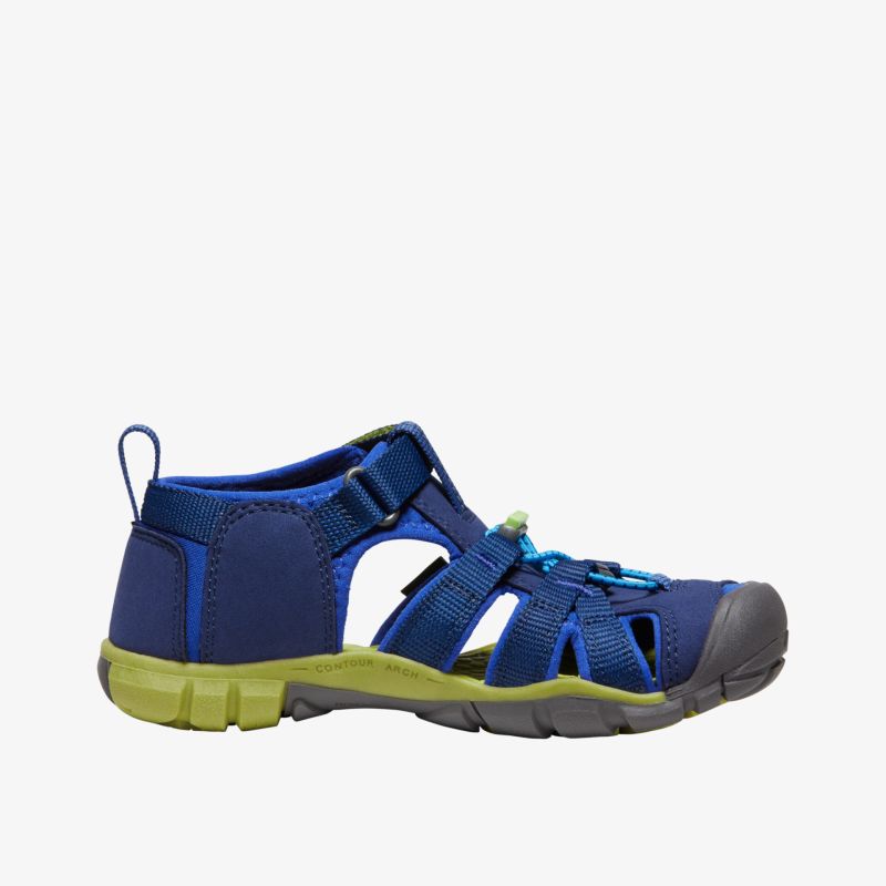 Robuste blaue Sandale mit grüner Sohle und geschlossener Zehenkappe für outdoor Aktivitäten.