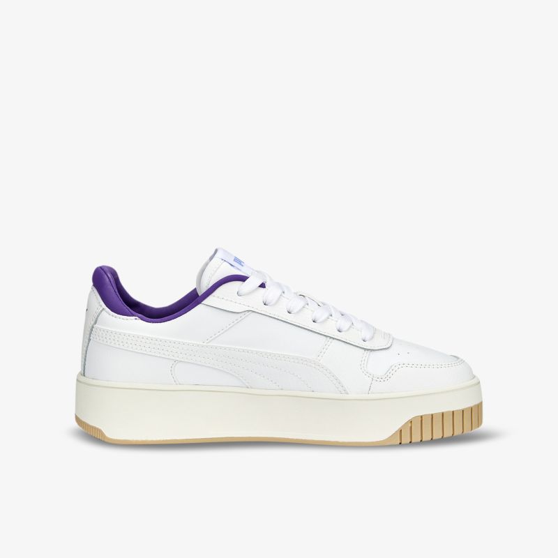 Moderner weißer Sneaker mit lila Akzenten und Plateau-Sohle. Stilvoll und ideal für trendbewusste Outfits.