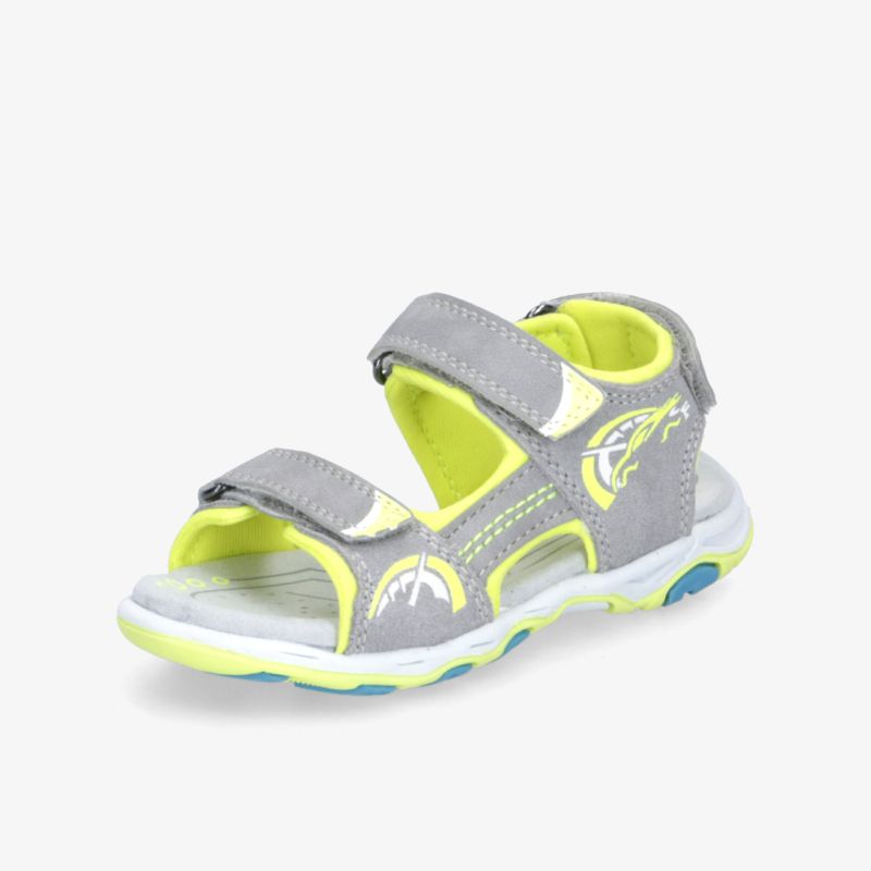 Sportliche graue Sandale mit neonfarbenen Akzenten, verstellbare Klettverschlüsse und rutschfeste Sohle