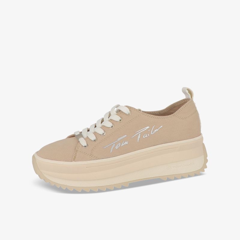 Beiger Sneaker mit Plateausohle und Schnürung, ideal für einen modernen und komfortablen Look.
