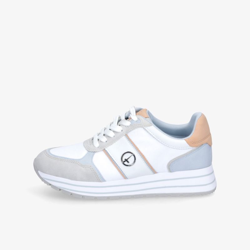 Sportlicher leichter Sneaker in Weiß und Grau mit bequemer Passform und stoßdämpfender Sohle, seitliche Ansicht