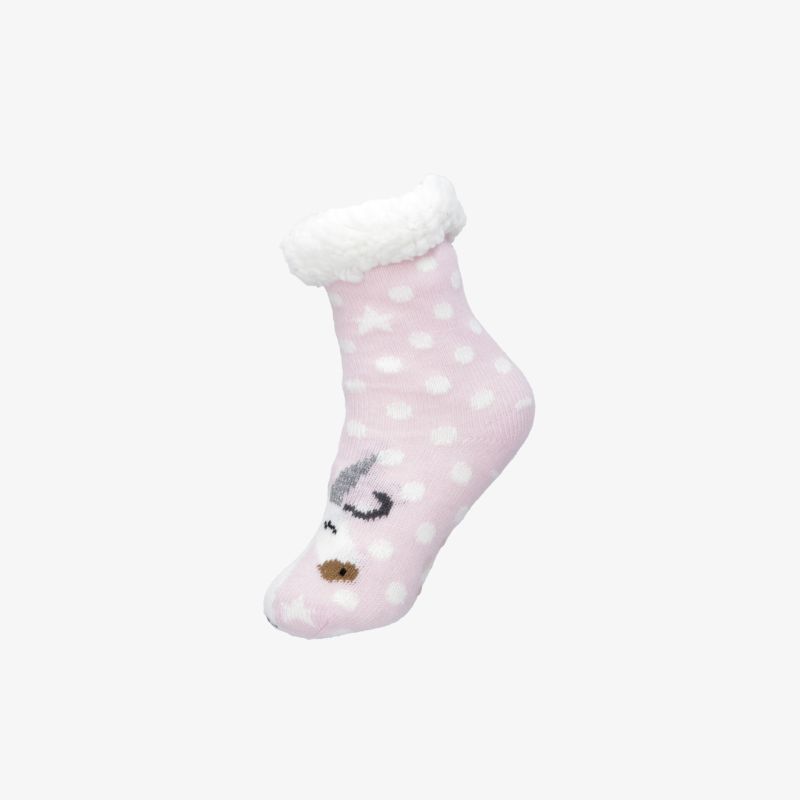 Weiche flauschige Socken mit weißem Fleecebund und rosa Grundfarbe mit weißen Punkten für angenehmen Tragekomfort