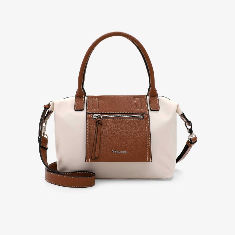 Handliche braune und beige Schultertasche mit Reißverschluss, kompakt und modern im stilvollen Design