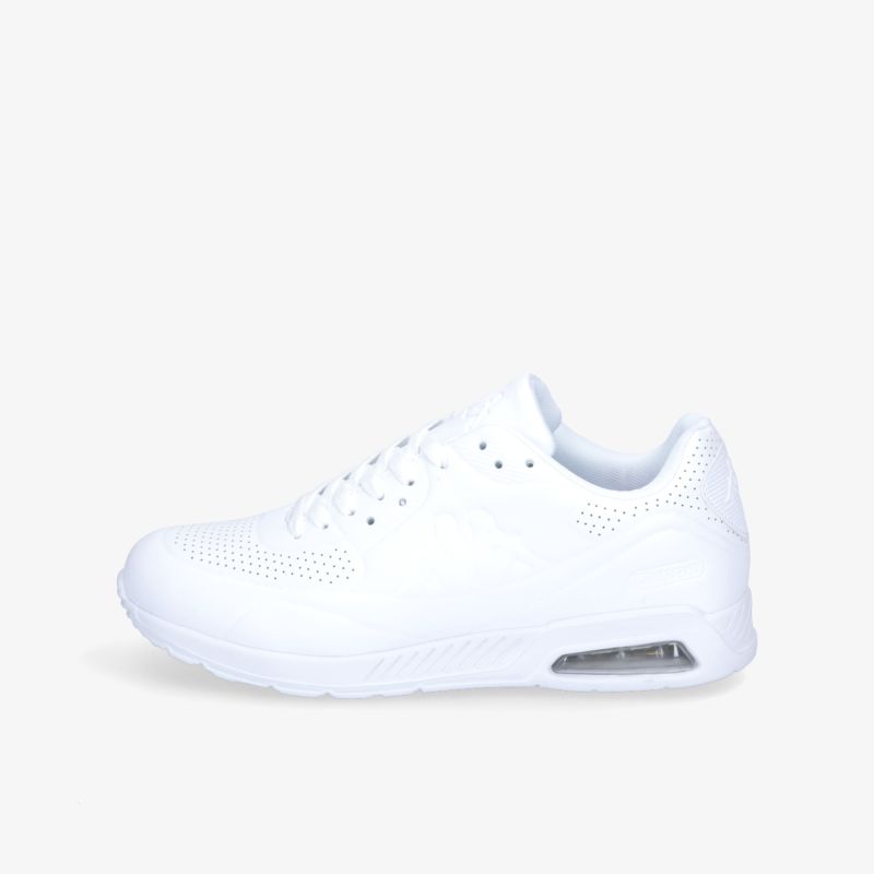 Moderner weißer Sneaker mit Luftpolstersohle und atmungsaktivem Obermaterial. Seitliche Ansicht.