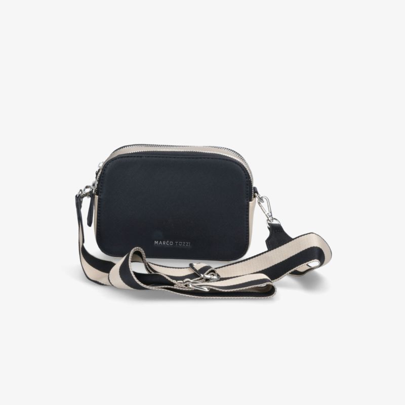 Kompakte schwarze Tasche mit verstellbarem Riemen und eleganter, robuster Verarbeitung auf weißem Hintergrund