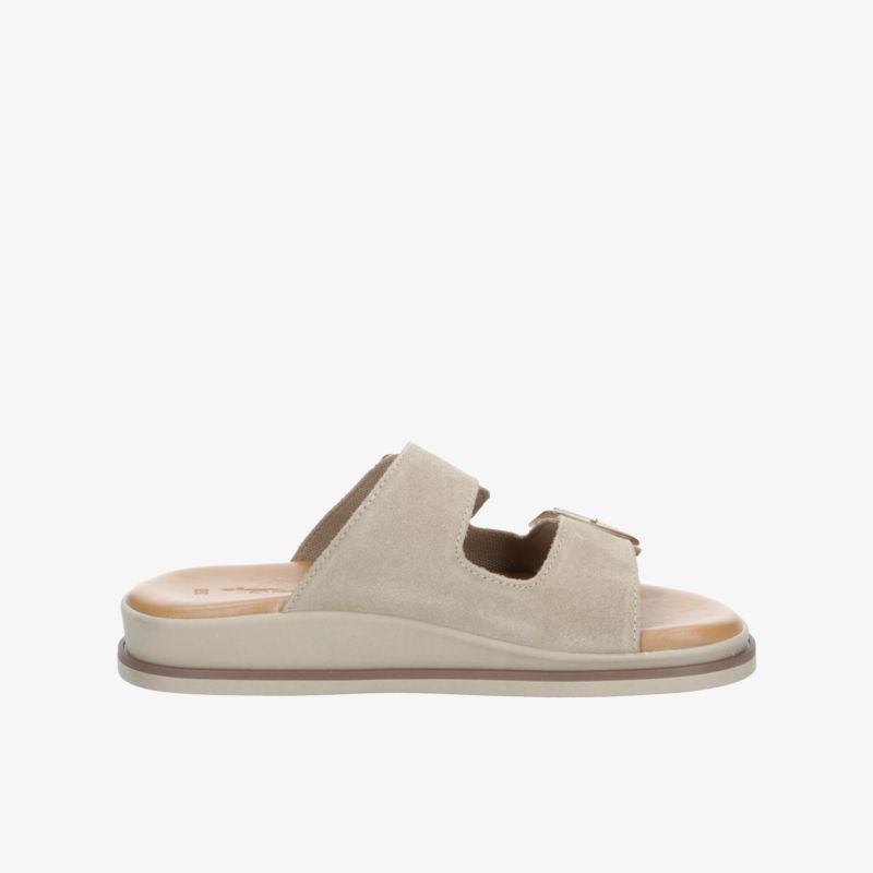 Bequeme beige Sandale mit offener Zehenpartie und leichter rutschfester Sohle, ideal für warme Tage