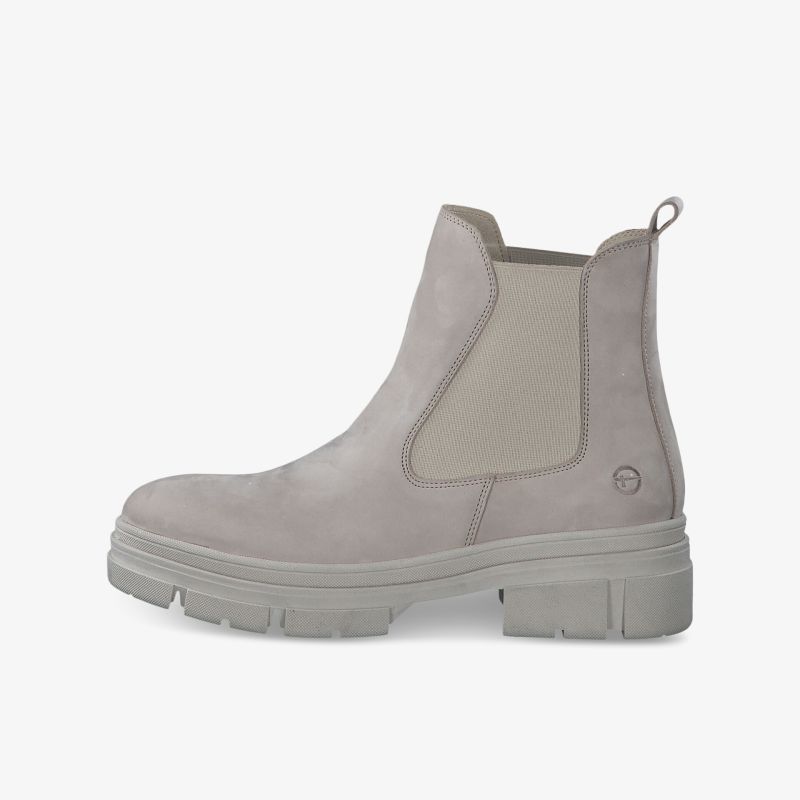 Moderner Chelsea Boot in Beige mit rutschfester Sohle und elastischem Seitenteil für bequemen Tragekomfort.