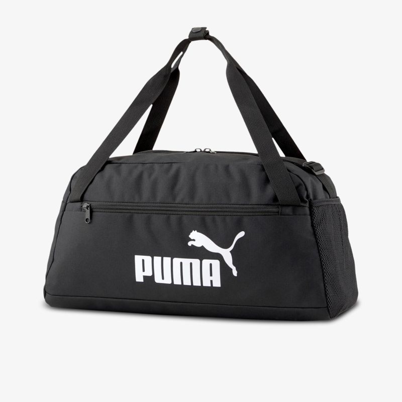 Schwarze Puma Sporttasche mit Logo, geräumig und praktisch, ideal für Fitness und Reisen.