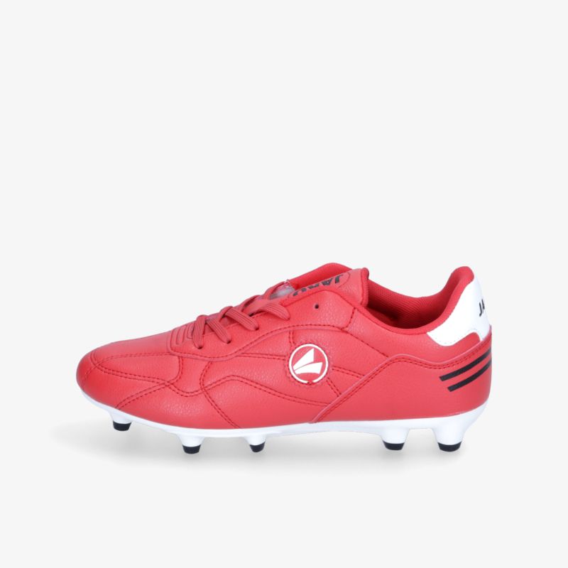 Robuster roter Fußballschuh mit weißen Details für hervorragenden Halt und Komfort auf dem Spielfeld.