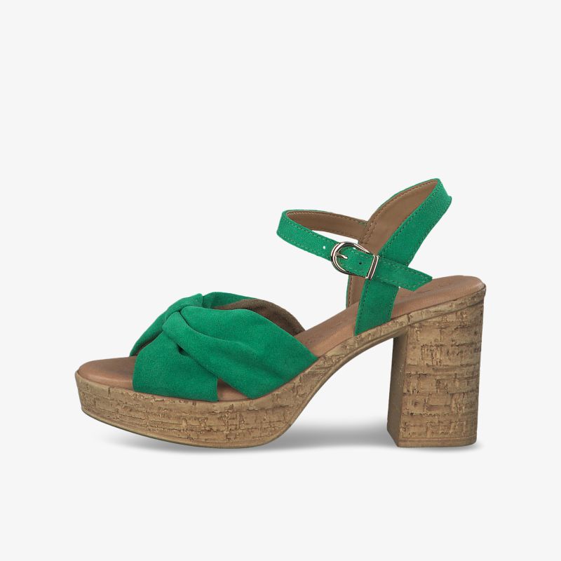 Elegante grüne Sandalen mit hohem Korkabsatz und verstellbarem Knöchelriemen