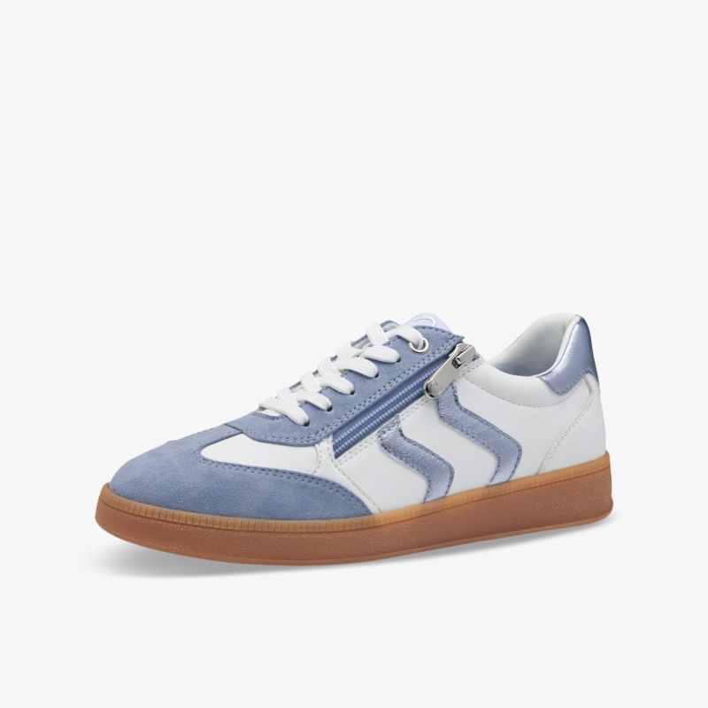 Moderner Sportschuh in Blau-Weiß mit praktischem Zipper und robuster brauner Sohle
