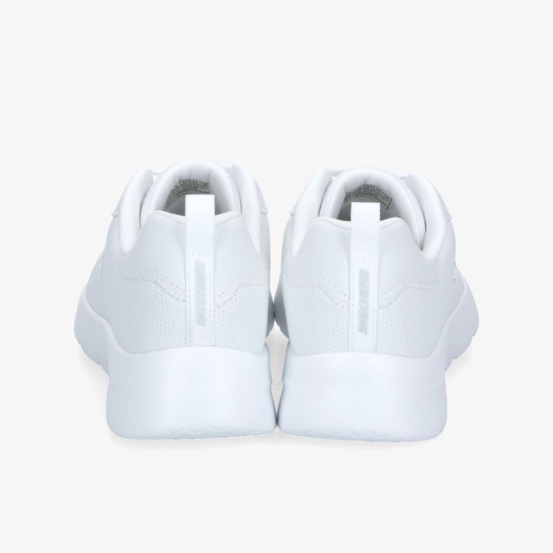 Rückansicht eines Paars weißer Sportschuhe mit klaren Linien und bequemer Polsterung