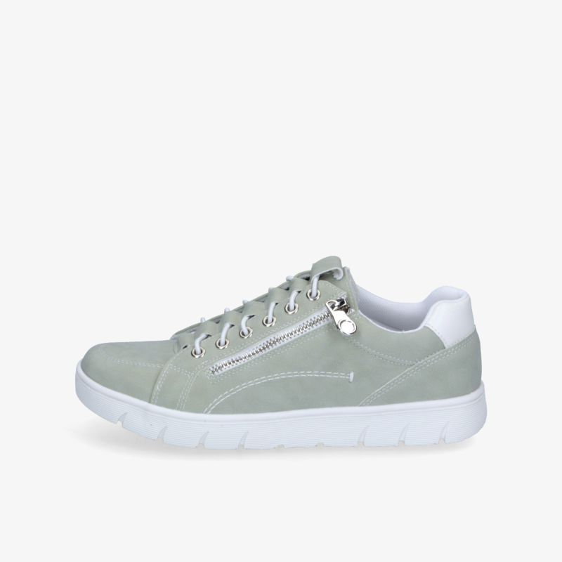 moderner leichter Sneaker in grün-grau mit seitlichem Reißverschluss und flexibler weißer Sohle, seitliche Ansicht