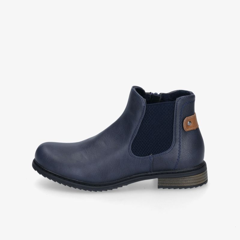 Eleganter blauer Chelsea Boot mit elastischen Seiteneinsätzen und robustem Absatz in klarer Seitenansicht
