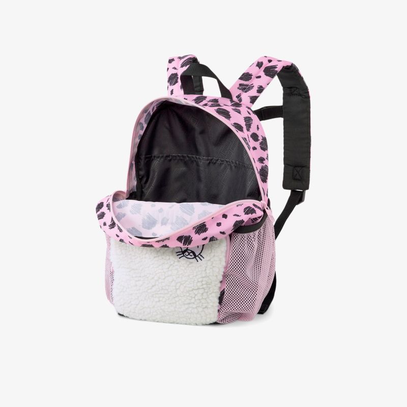 Stylischer pinker Rucksack mit schwarzem Muster, geräumigem Innenfach und verstellbaren Trägern.