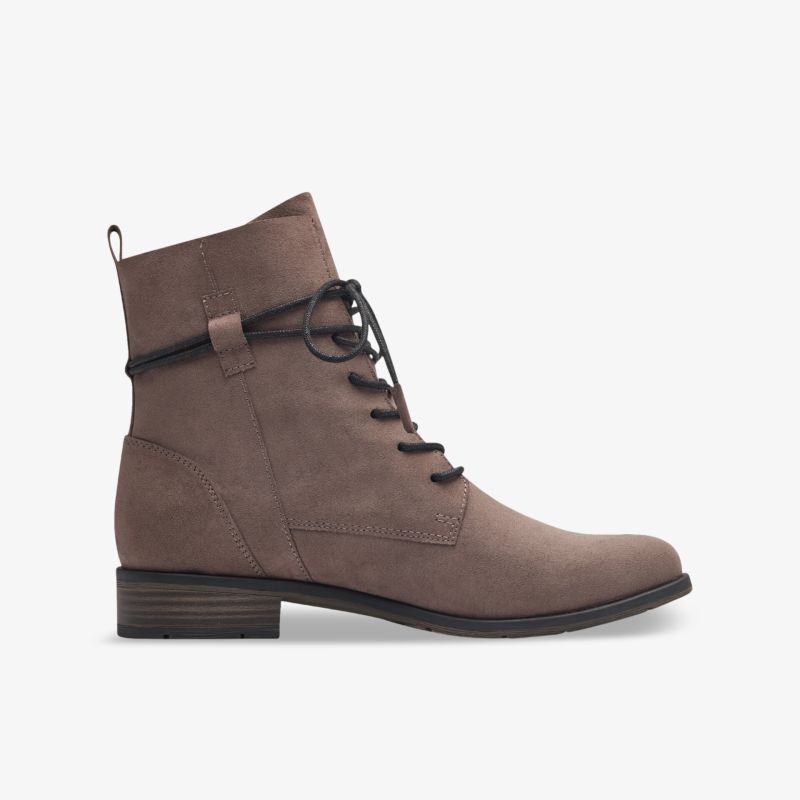 Knöchelhoher, eleganter Stiefelette in Braun mit Schnürung und flachem Absatz. Perfekt für stilvolle Outfits.