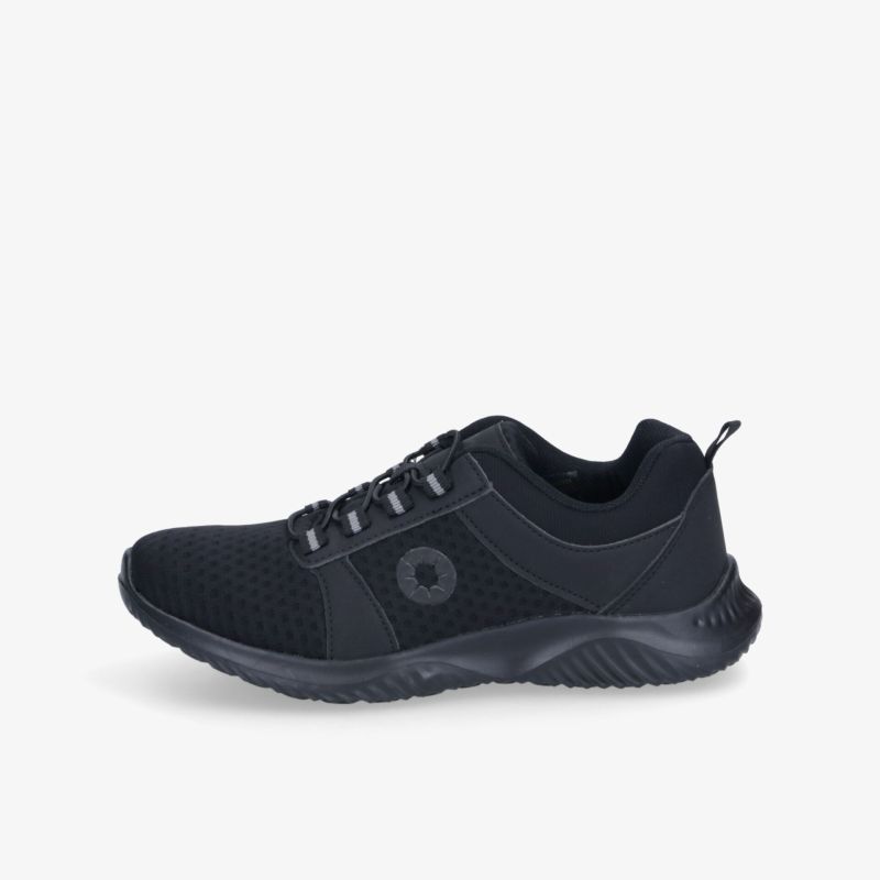 Schwarzer leichter und atmungsaktiver Laufschuh mit rutschfester, flexibler Sohle und bequemer Passform seitlich