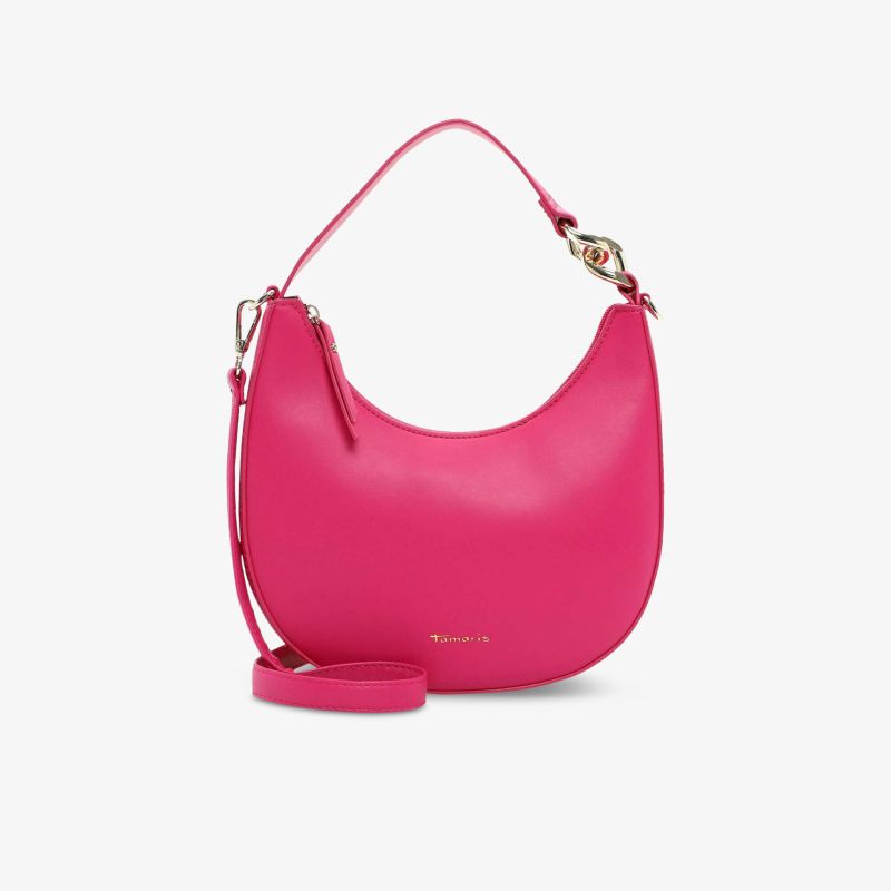 Stylische Handtasche in kräftigem Fuchsia mit modernem Halbmond-Design und praktischer Schulterriemenoption.