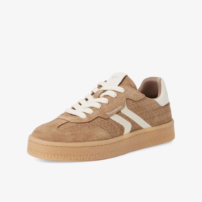 Beiger Sneaker mit weißer Schnürung und seitlichem Kontraststreifen, komfortabel und strapazierfähig