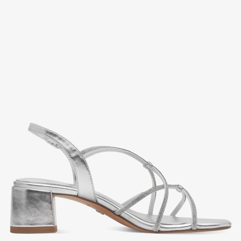 Eleganter silberner Sandalenschuh mit mittelhohem Blockabsatz und verstellbaren Riemen für sicheren Halt