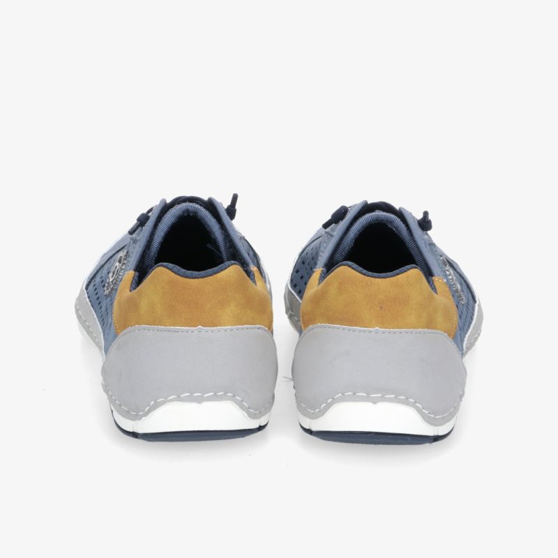 Stylischer Schuh mit hohem Komfort, rutschfester Sohle und modernem Design in Blau und Gelb.