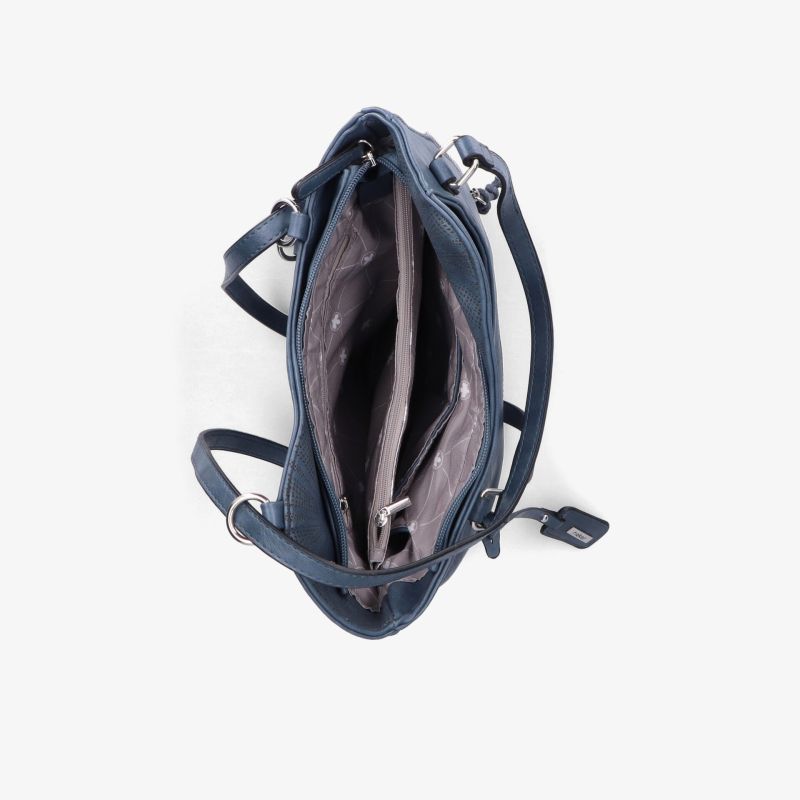 Obere Draufsicht auf eine geräumige Tasche mit mehreren Fächern und einem verstellbaren Schultergurt